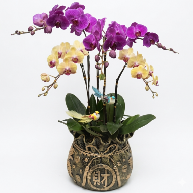Mixed Color Phalaenopsis in Moneybag Pot